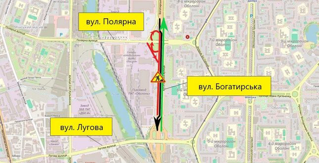 Із 22 травня до 19 червня частково обмежуватимуть рух транспорту вулицею Богатирською у напрямку проспекту Степана Бандери.