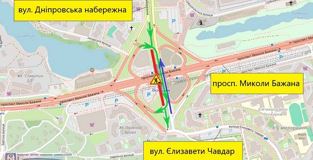 Із 3 липня та орієнтовно до серпня 2026 року частково буде обмежено рух транспорту шляхопроводом на перетині просп. Миколи Бажана з Дніпровською набережною.